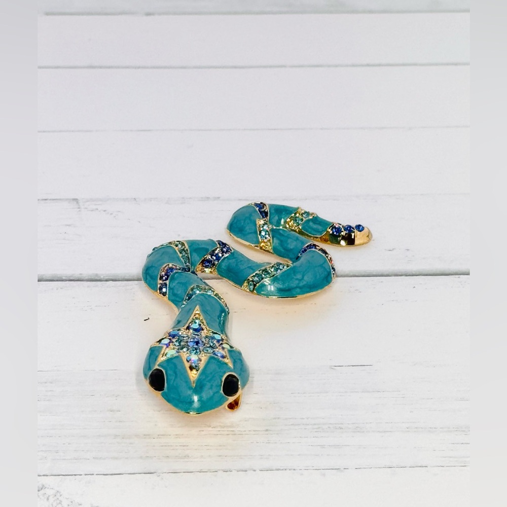 Large 3.75” Teal Green Blue Rhinestone Snake Brooch Excellent Condition - Picture 5 of 5